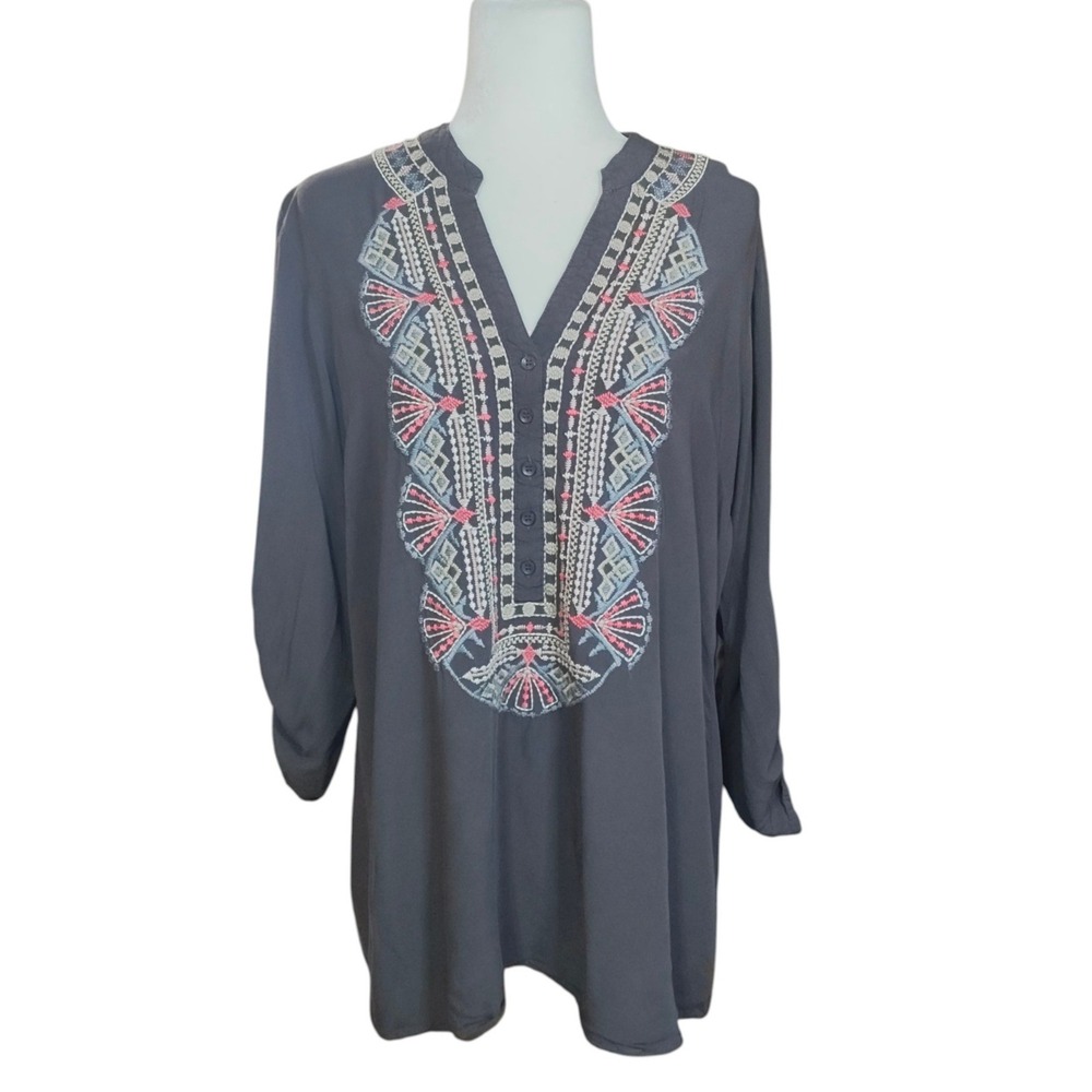Solitaire Gray Embroidered Tunic Top Boho Roll Tab Sleeve Rayon Festival Size XL